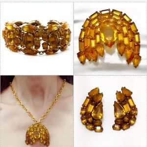 Vintage Amber Crystal Necklace, Earrings & Bracelet